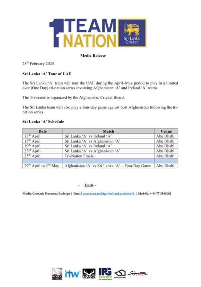 News Room : Sri Lanka ‘A’ Tri-Series in UAE: Schedule Announced