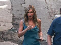 News Room : Jennifer Aniston looks tan and fit wearing a blue gown on the set of The Morning Show season five