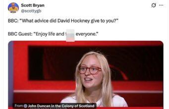 News Room : Moment BBC guest drops f-bomb live on TV during tribute to David Hockney after artist’s death aged 88 forcing apology from presenter News Room Moment BBC guest drops f bomb live on