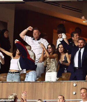 News Room : David Beckham roars as he celebrates England World Cup victory with Victoria and their children News Room David Beckham roars as he celebrates England