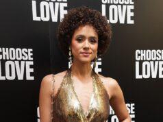 News Room : Nathalie Emmanuel wows in a plunging gold sequin jumpsuit as she joins Ashley James on the red carpet at Choose Love’s 10th anniversary bash