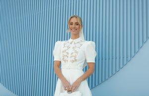 News Room : Pretty as a princess! Sylvia Jeffreys looks elegant in a white lace dress at Derby Day as she gives a nod to a famous movie character with one cute accessory
