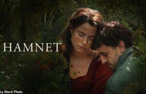 Two actors in a lush garden setting for the production "Hamnet" with a contemplative mood.