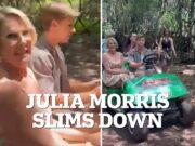 News Room : Julia Morris stuns I’m A Celebrity… Get Me Out Of Here! viewers with her VERY slimmed-down frame as she returns to the jungle with Robert Irwin Fat woman riding in an open car in the forest during daytime.