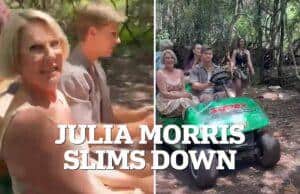 News Room : Julia Morris stuns I’m A Celebrity… Get Me Out Of Here! viewers with her VERY slimmed-down frame as she returns to the jungle with Robert Irwin Fat woman riding in an open car in the forest during daytime.