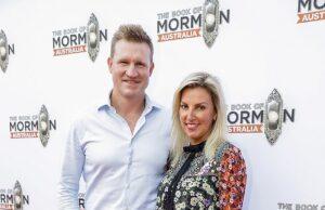 News Room : Nathan Buckley’s ex-wife Tania looks radiant as the former AFL WAG emerges on social media for the first time in months Elegant man and woman at book launch event for "The Book of Mormons Australia" in front of branded backdrop, red carpet, stylish attire, smiling, event photos.