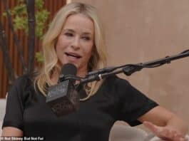 Blonde woman speaking into microphone during outdoor interview or podcast session.